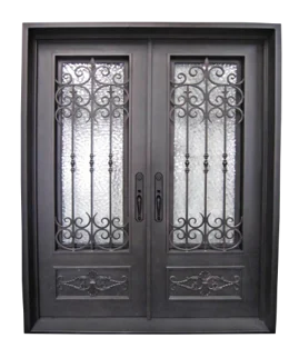 72 in x 96 in, 3/4 View, Wrought Iron, Envidia Double, Flemish + Low E, Square Top, Aged Bronze Patina, Inswing, Double Exterior Prehung Door, Right Hand, Aged Bronze Patina Hinges - Iron Envy
