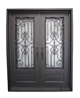 72 in x 96 in, 3/4 View, Wrought Iron, Estrella Double, Flemish + Low E, Square Top, Aged Bronze Patina, Inswing, Double Exterior Prehung Door, Left Hand, Aged Bronze Patina Hinges - Iron Envy