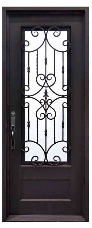 36 in x 80 in, 3/4 View, Wrought Iron, Estrella Single, Flemish + Low E, Square Top, Aged Bronze Patina, Inswing, Exterior Prehung Door, Left Hand, Aged Bronze Patina Hinges - Iron Envy