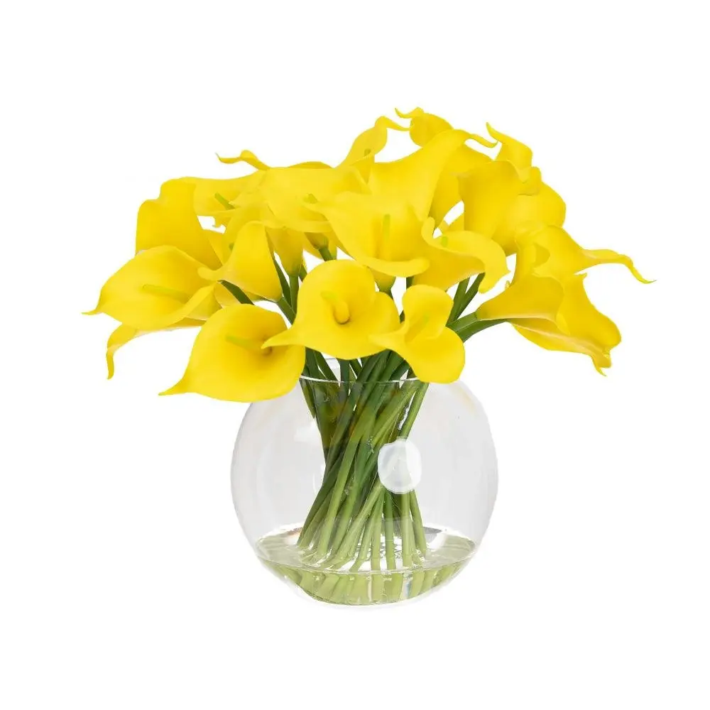 Glamorous Fusion Real Touch Yellow Calla Lily 27cm Artificial Faux Plant Flower Decorative In Fishbowl Vase - Home & Garden