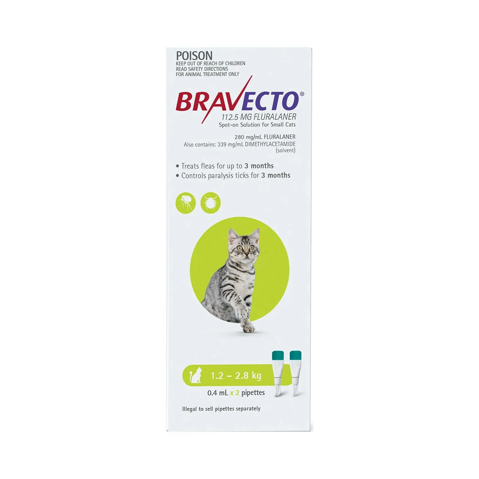 BRAVECTO Spot On For Cats 1.2-2.8 Kg (Light Green) 2 Pipettes