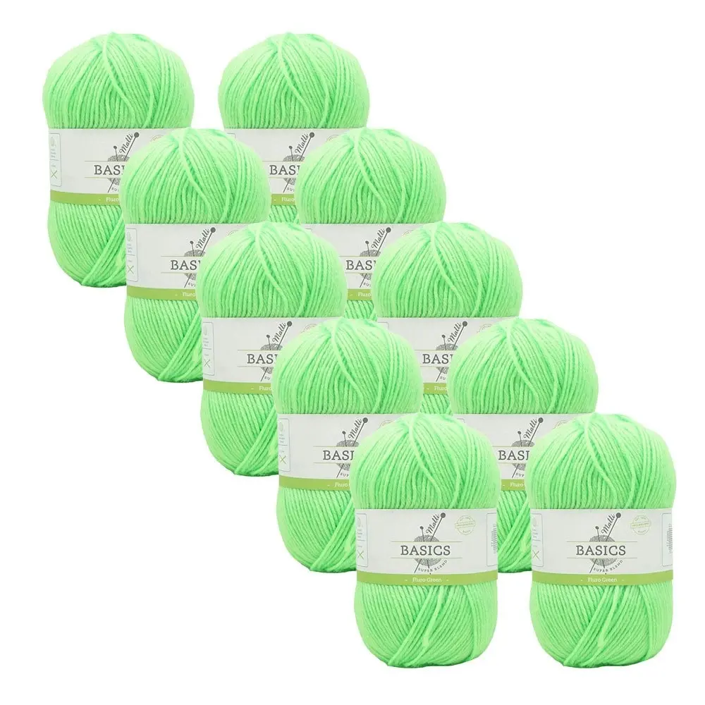 10x Malli Blend Basic 100g Acrylic/Polyester Yarn Knitting Craft Flouro Green - Hobbies