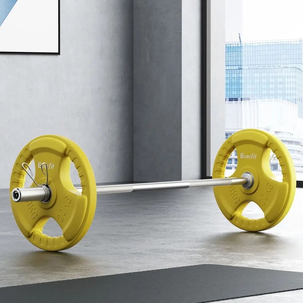 Everfit Barbells 46KG 120CM Dumbbell Barbell Plate Weight Lifting Home Gym Yellow - Sports & Outdoor