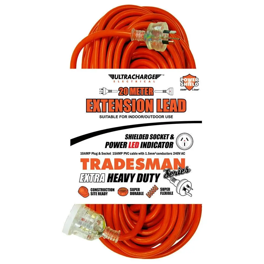 UltraCharge 20m Extension Lead Cable 10A Extra Heavy Duty Cord Plug/Socket Red - Electronics