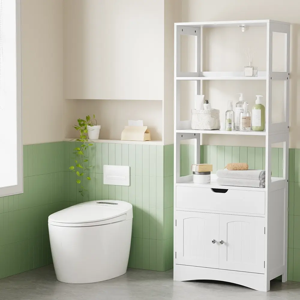 Artiss Bathroom Floor Storage Cabinet with 2 Drawers 3 Open Shelves 2 Doors White - Home & Garden