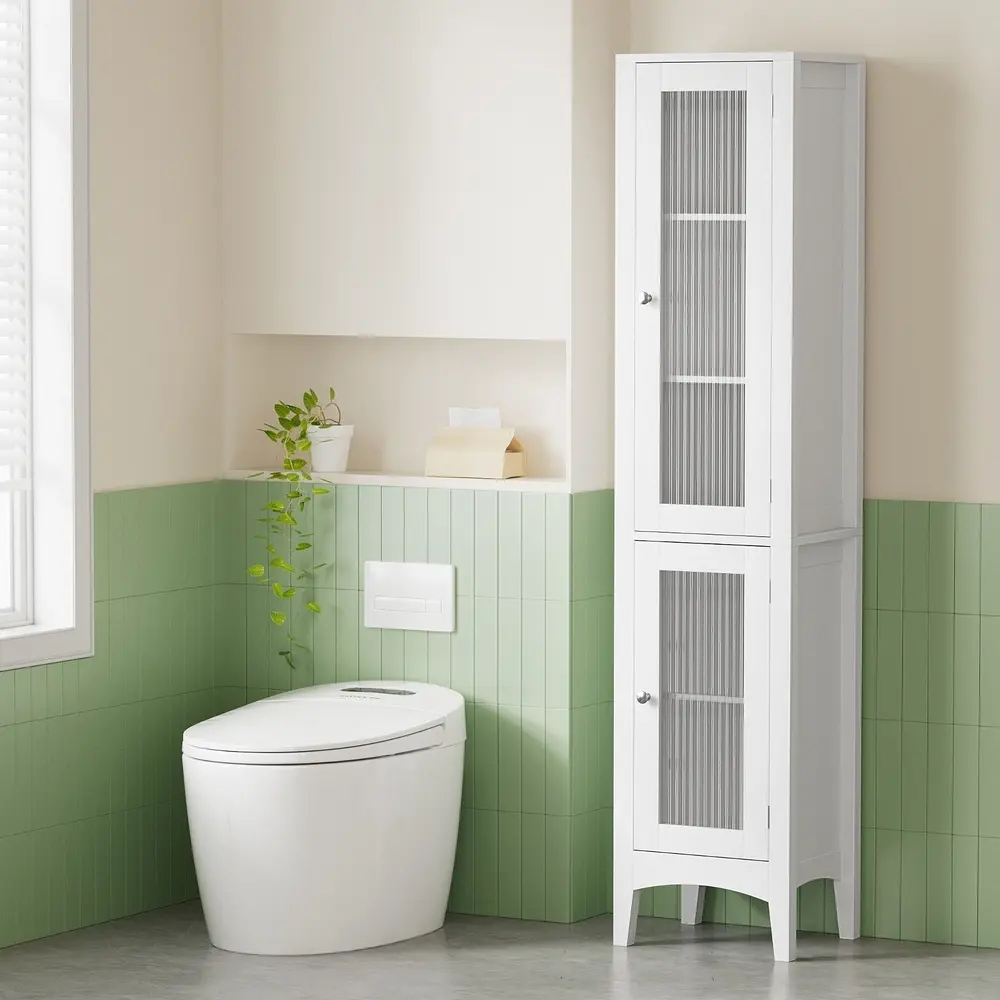 Artiss Bathroom Storage Cabinet 160cm Tall Slim Floor Cupboard Toilet Glass Door White - Home & Garden