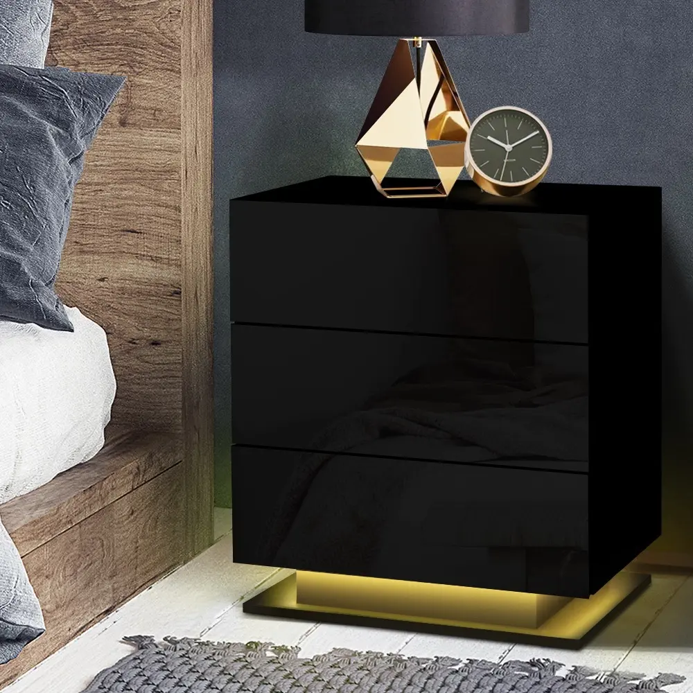 Artiss Bedside Table LED 3 Drawers - MORI Black