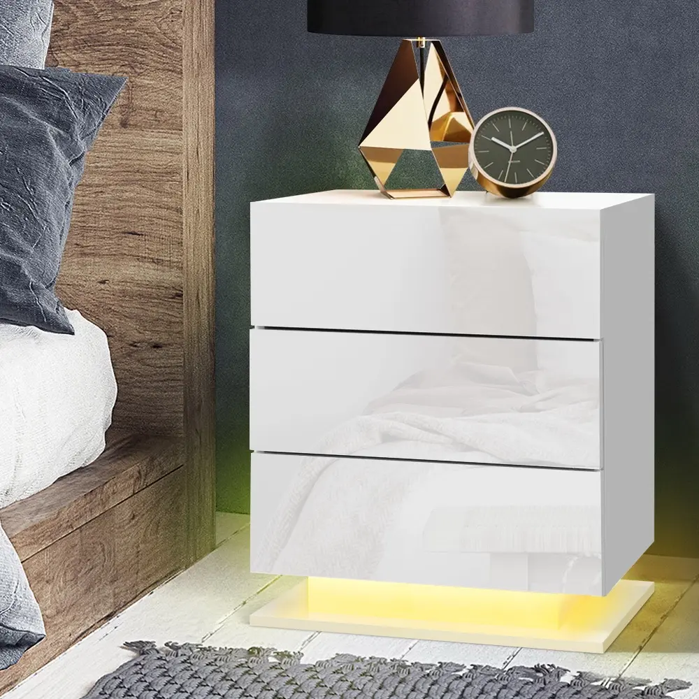 Artiss Bedside Table LED 3 Drawers - MORI White
