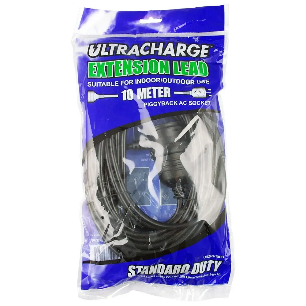 UltraCharge 10m Cord Extension Power 10A Lead AU/NZ Cable w/ Piggy Back Plug BLK - Electronics