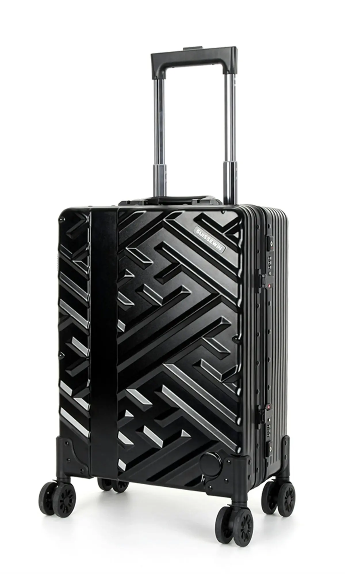 Suissewin Swiss Aluminium Luggage Suitcase Lightweight With TSA Locker 8 Wheels Carry on Hardcase SN7623A Black - Fashion
