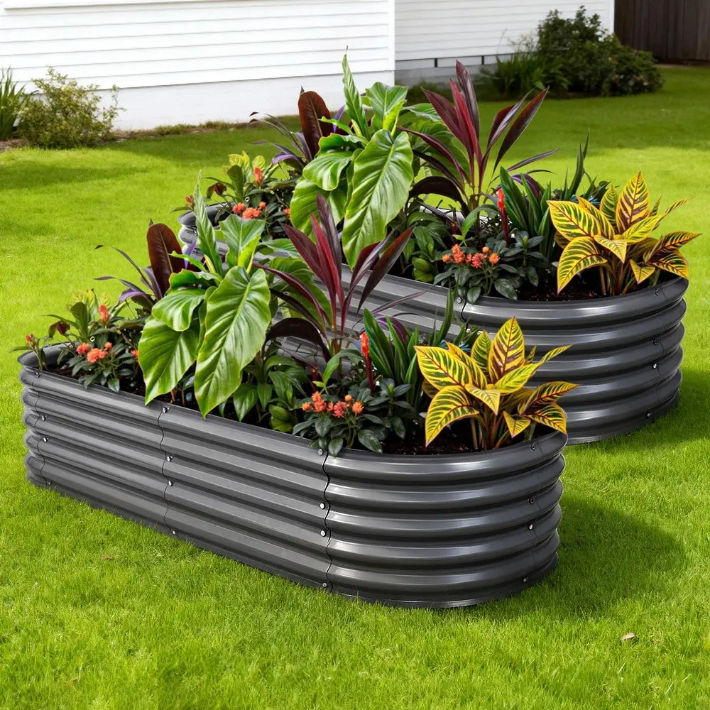 2x Green Fingers Raised Garden Bed 160X80X42cm Oval Planter Box Raised Container Galvanised - Home & Garden