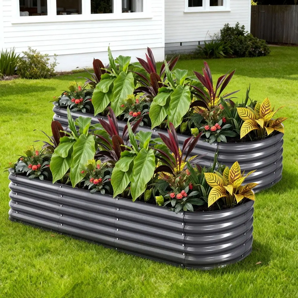 2x Raised Green Fingers Garden Bed 240X80X42cm Oval Planter Box Container Galvanised - Home & Garden