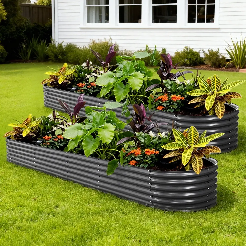 2x Green Fingers Raised Garden Bed 320X80X42cm Oval Planter Box Container Galvanised - Home & Garden