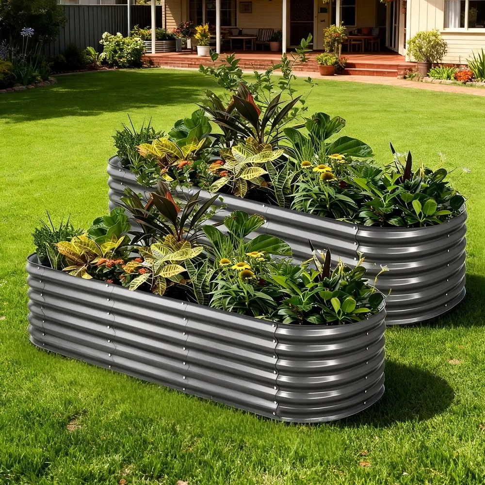 x2 Green Fingers Raised Garden Bed Kit Planter Oval Galvanised Steel 240cmX80cmX56cm - Home & Garden