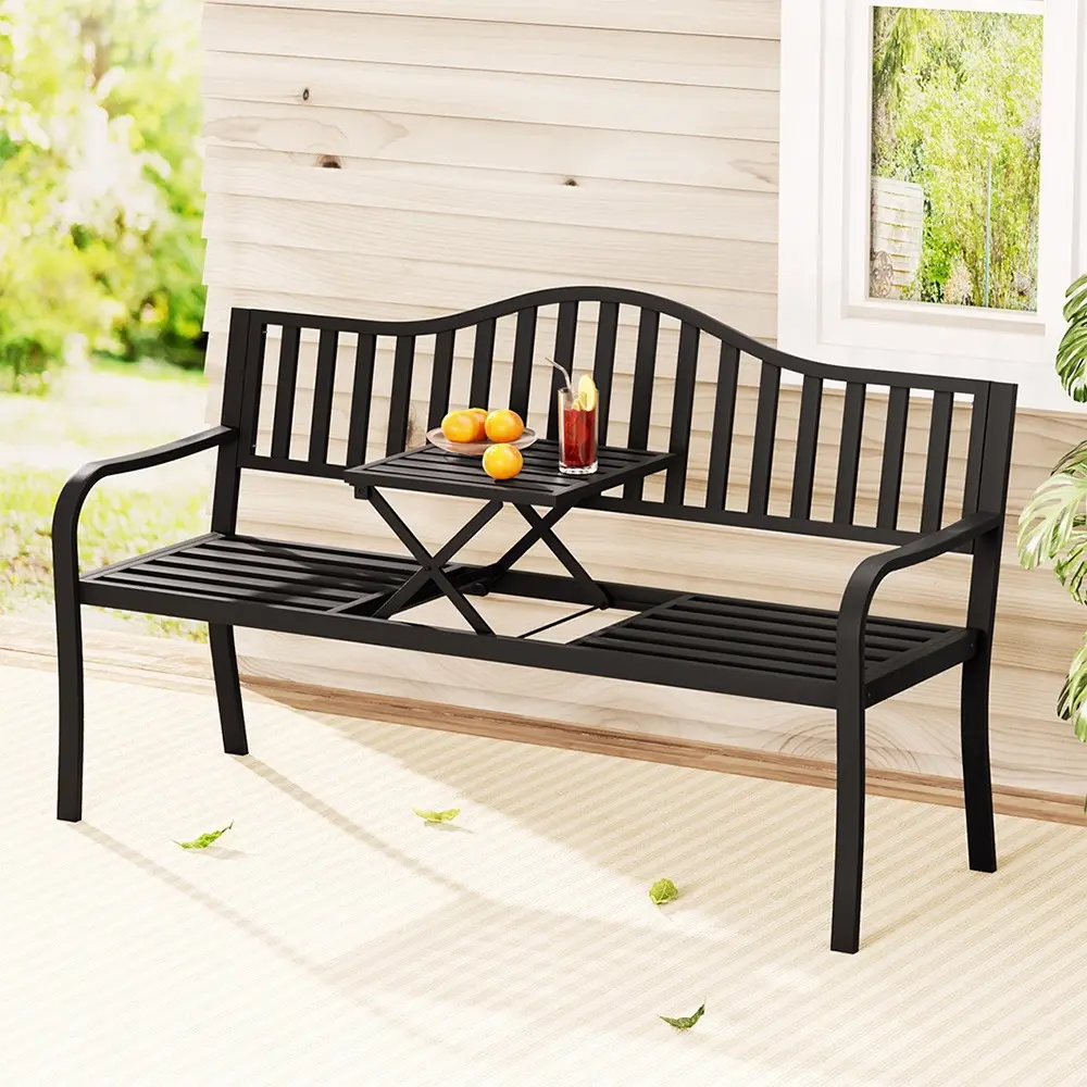 Gardeon Outdoor Garden Bench Seat Loveseat Steel Foldable Table Patio Furniture Black BLE-BK
