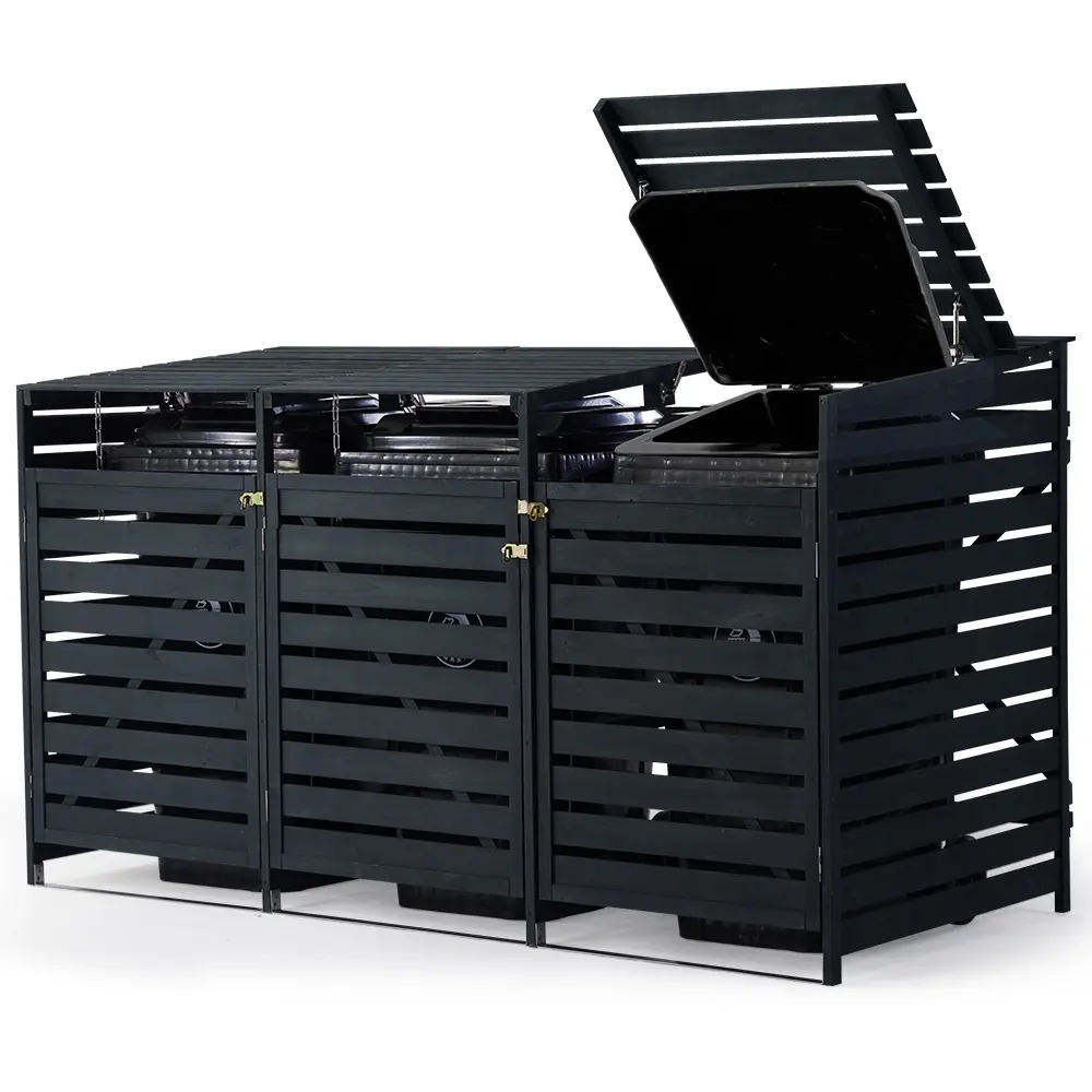 PlantCraft Triple Wood Wheelie Bins Storage Shed, 3 Door Garbage Rubbish Bin Enclosure - Home & Garden