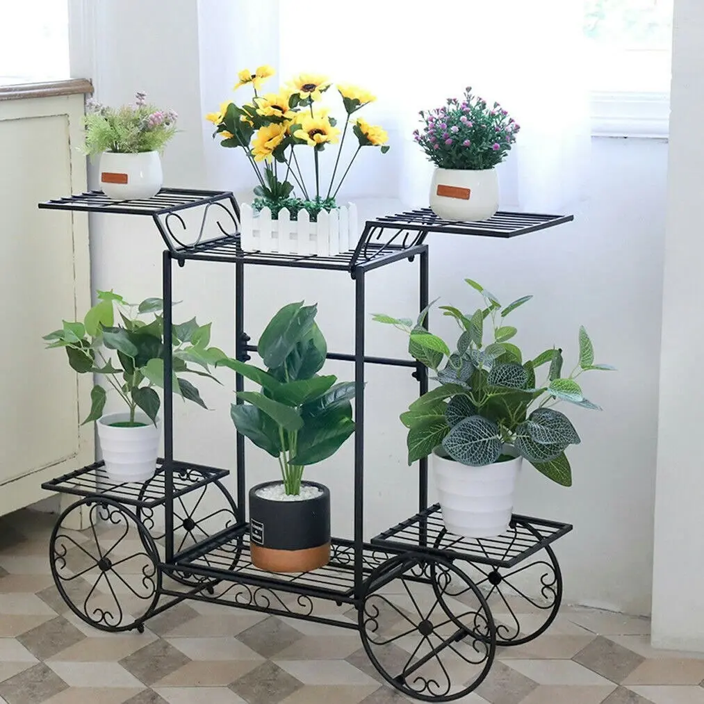 Fin Metal Flower Rack Plant Stand Wrought Iron Chic 4 Wheels Cart Style Corner Decor - Home & Garden