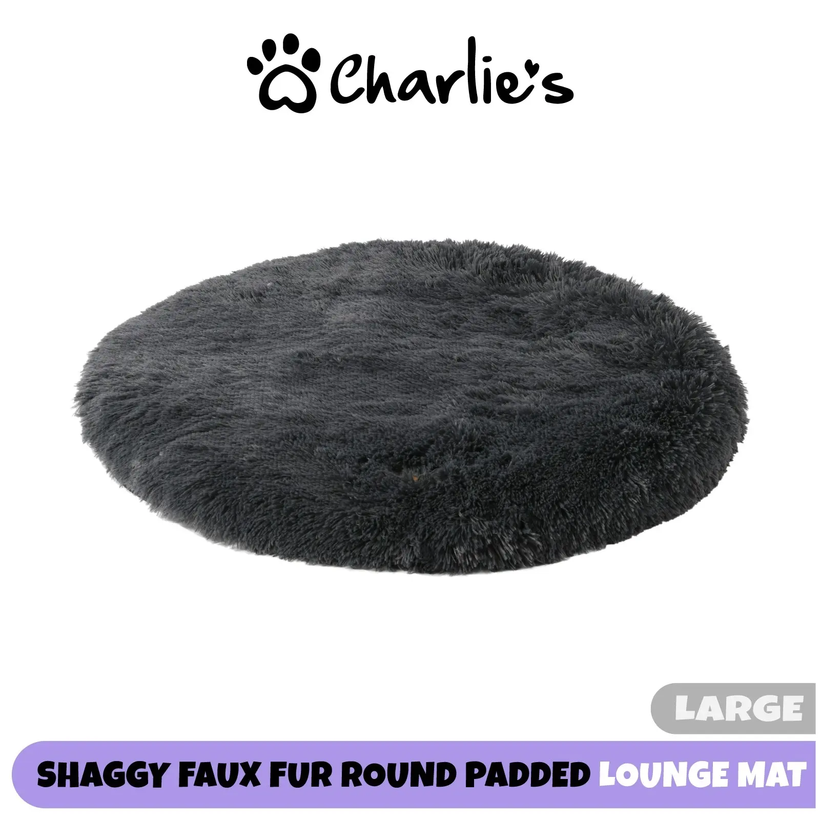 Charlie's Shaggy Faux Fur Round Calming Dog Mat Charcoal Large - Pets