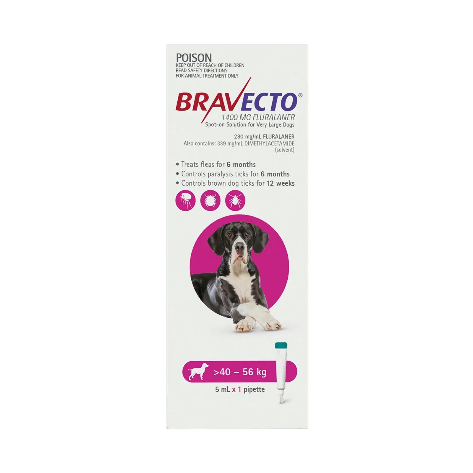 BRAVECTO Spot On For Extra Large Dogs 40-56Kg (Pink) 2 Pipettes