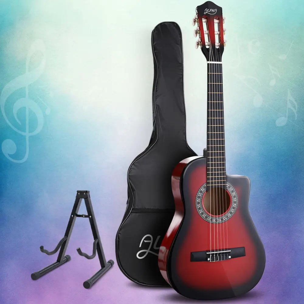 Alpha 34 Inch Classical Guitar Wooden Body Nylon String w/ Stand Beignner Red - Hobbies