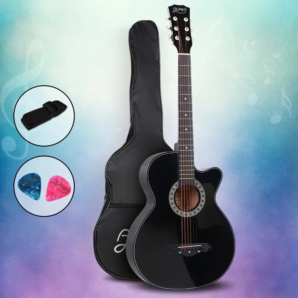 Alpha 38 Inch Acoustic Guitar Wooden Body Steel String Full Size Cutaway Black - Hobbies