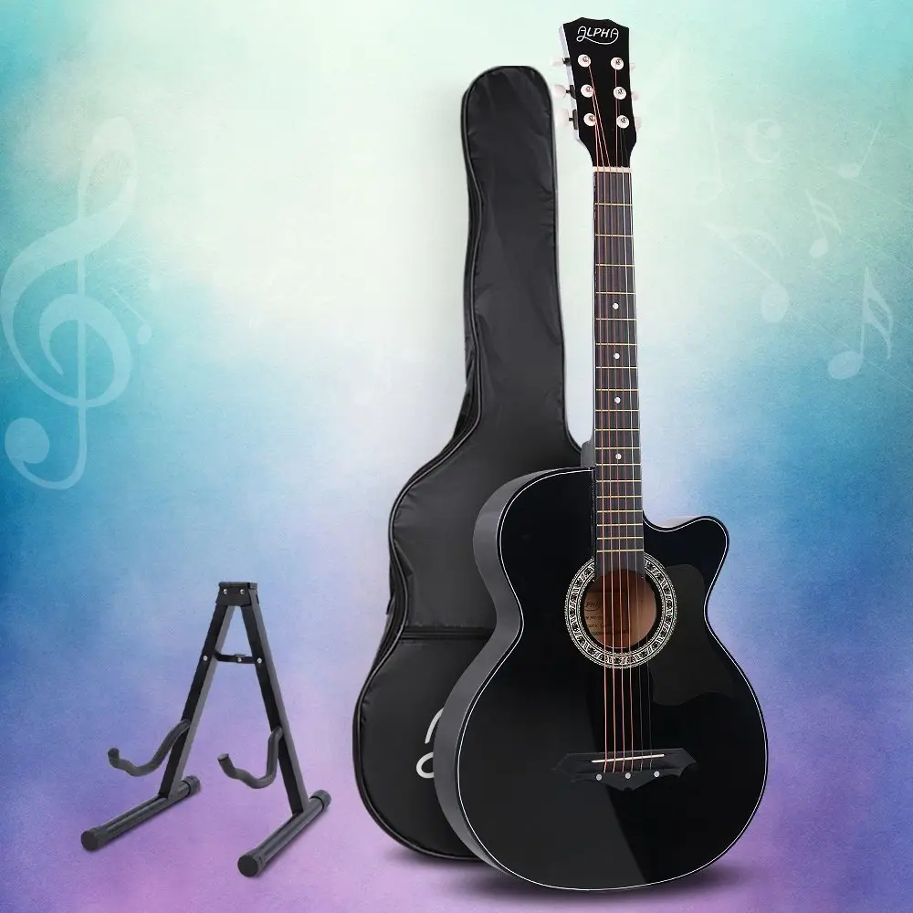 Alpha 38 Inch Acoustic Guitar Wooden Body Steel String Full Size w/ Stand Black - Hobbies