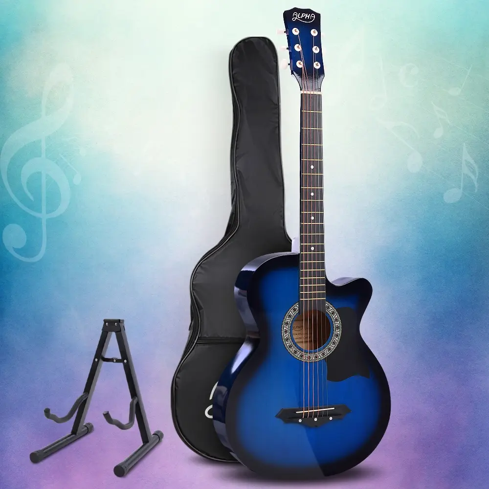 Alpha 38 Inch Acoustic Guitar Wooden Body Steel String w/ Stand Blue - Hobbies