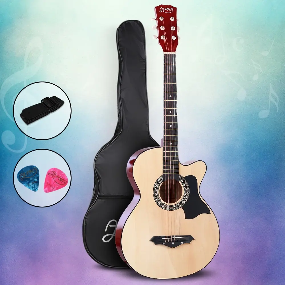 Alpha 38 Inch Acoustic Guitar Wooden Body Steel String Full Size Cutaway Wood - Hobbies
