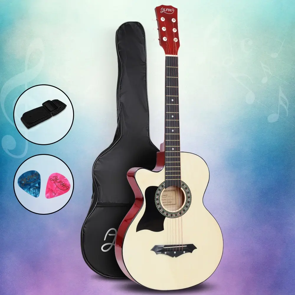 Alpha 38 Inch Acoustic Guitar Wooden Body Steel String Full Size Left Handed - Hobbies