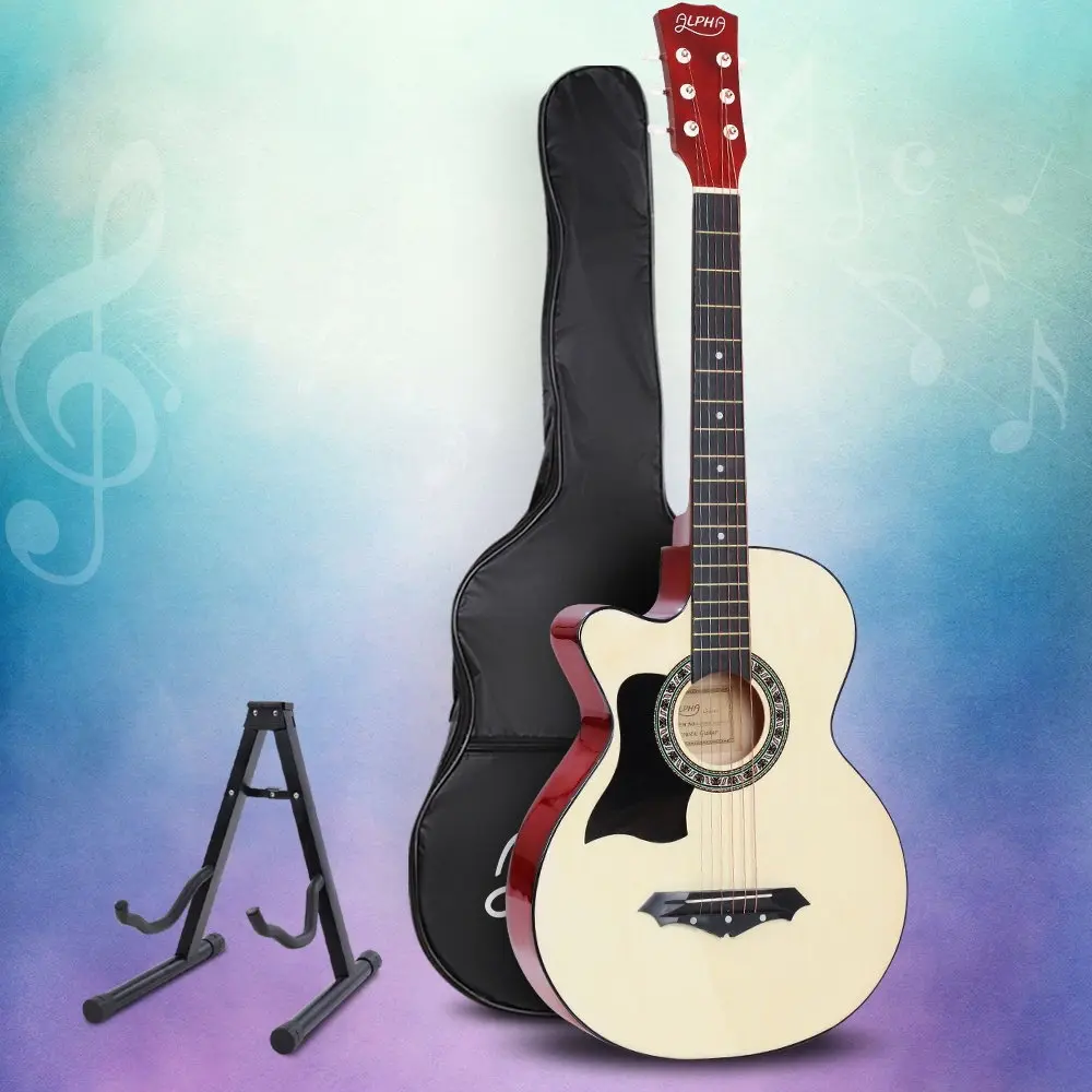 Alpha 38 Inch Acoustic Guitar Wooden Body Steel String w/ Stand Left Handed - Hobbies