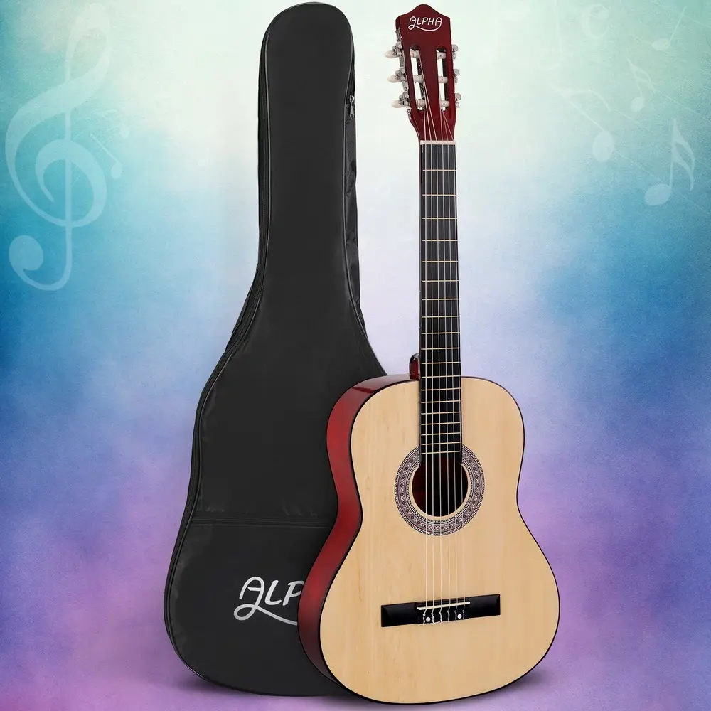 Alpha 39 Inch Classical Guitar Wooden Body Nylon String Beginner Gift Natural - Hobbies