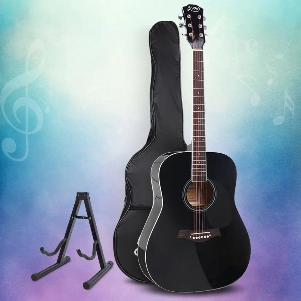 Alpha 41 Inch Acoustic Guitar Wooden Body Steel String Dreadnought Stand Black - Hobbies