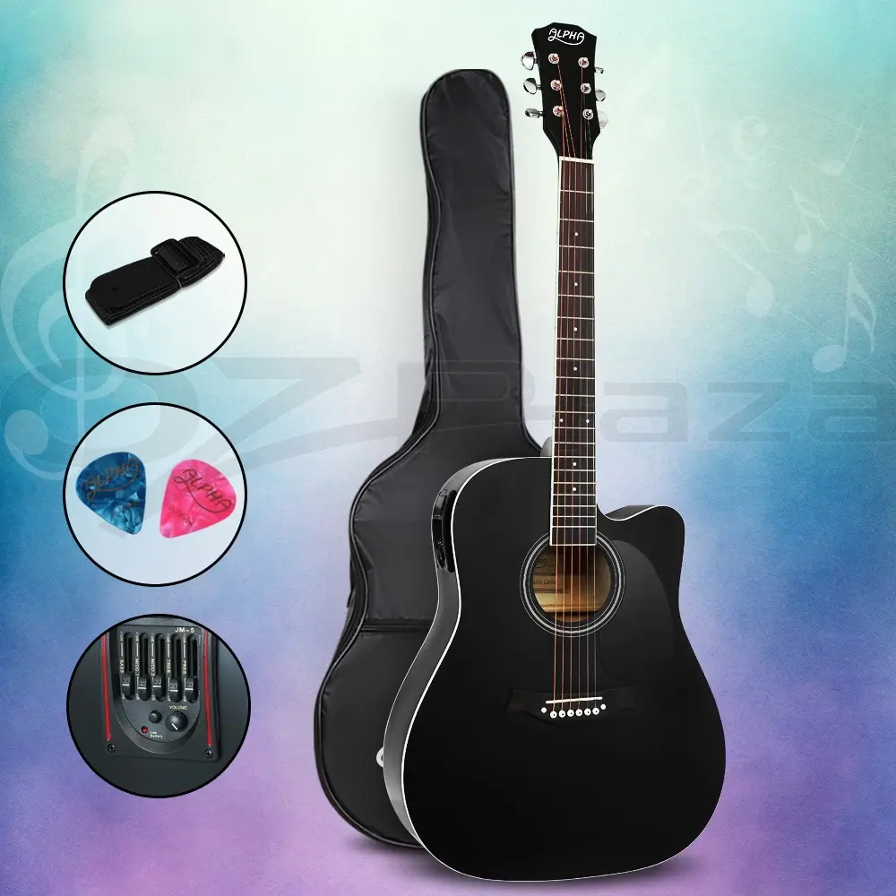 Alpha 41 Inch Acoustic Guitar Equaliser Electric Output Jack Cutaway Black - Hobbies