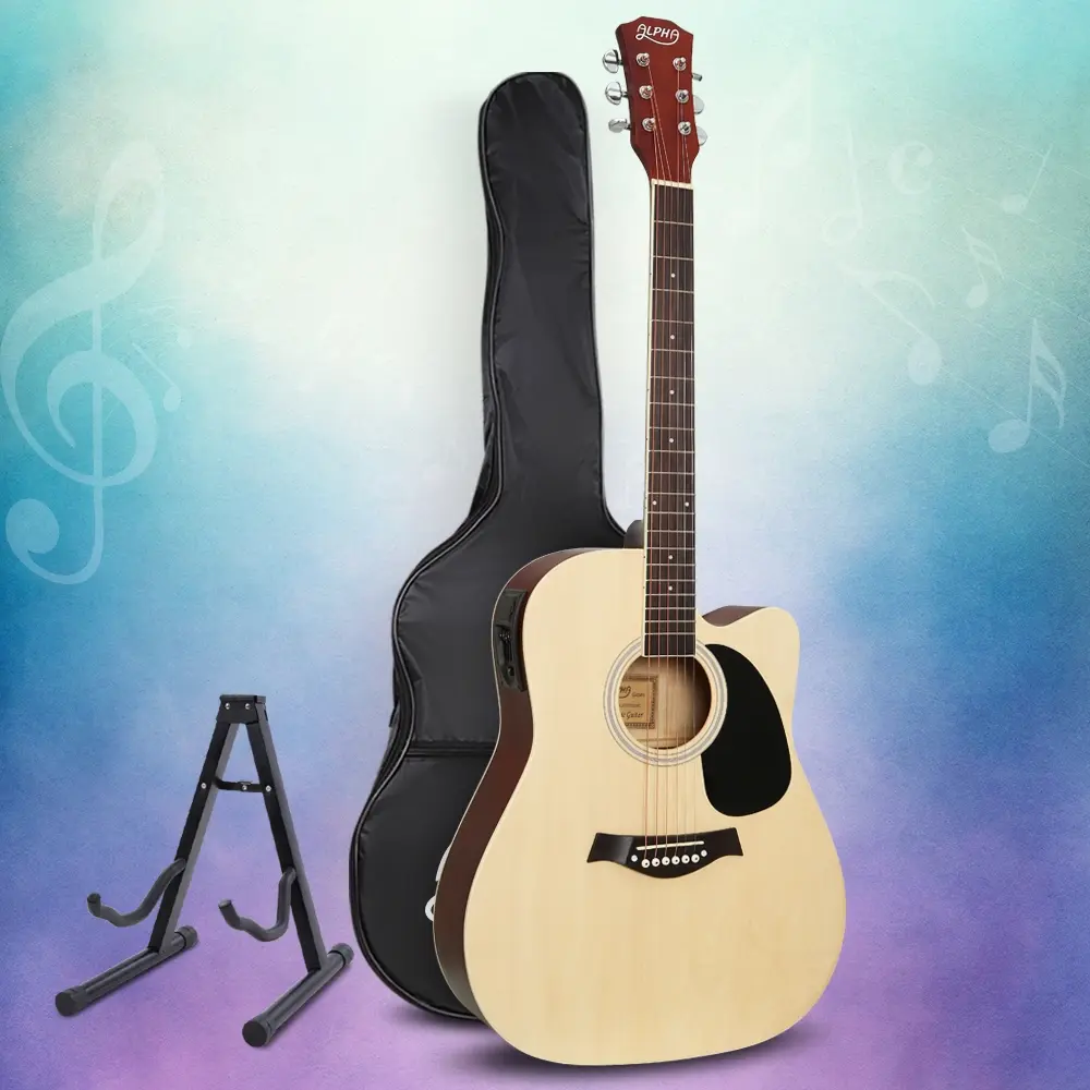 Alpha 41 Inch Acoustic Guitar Equaliser Electric Output Cutaway w/ Stand Wood - Hobbies