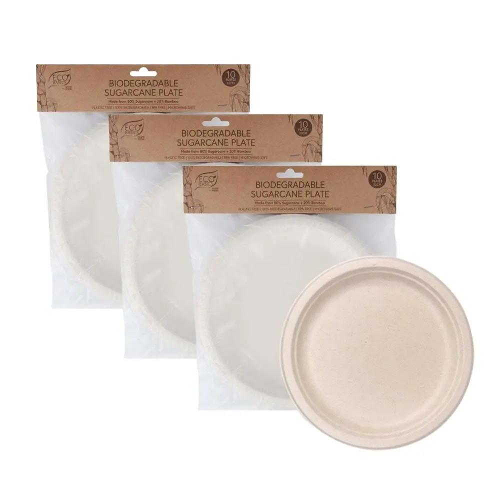 3x 10pc Eco Basic 23cm Biodegradable Sugarcane Dining Round Plate Picnic/Party - Hobbies
