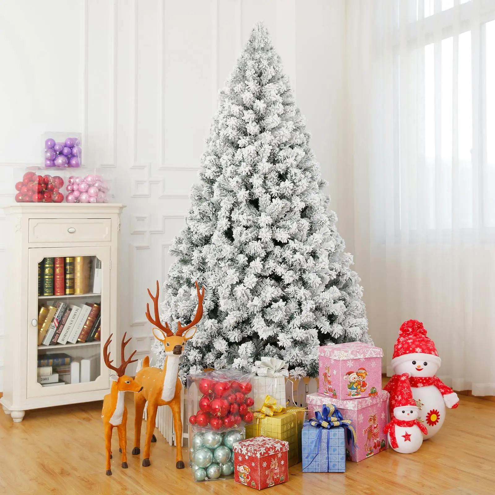 Christmas Tree 1.95m Xmas Decorations White Snowy Flocked Home Decor 1050 Branches - Home & Garden