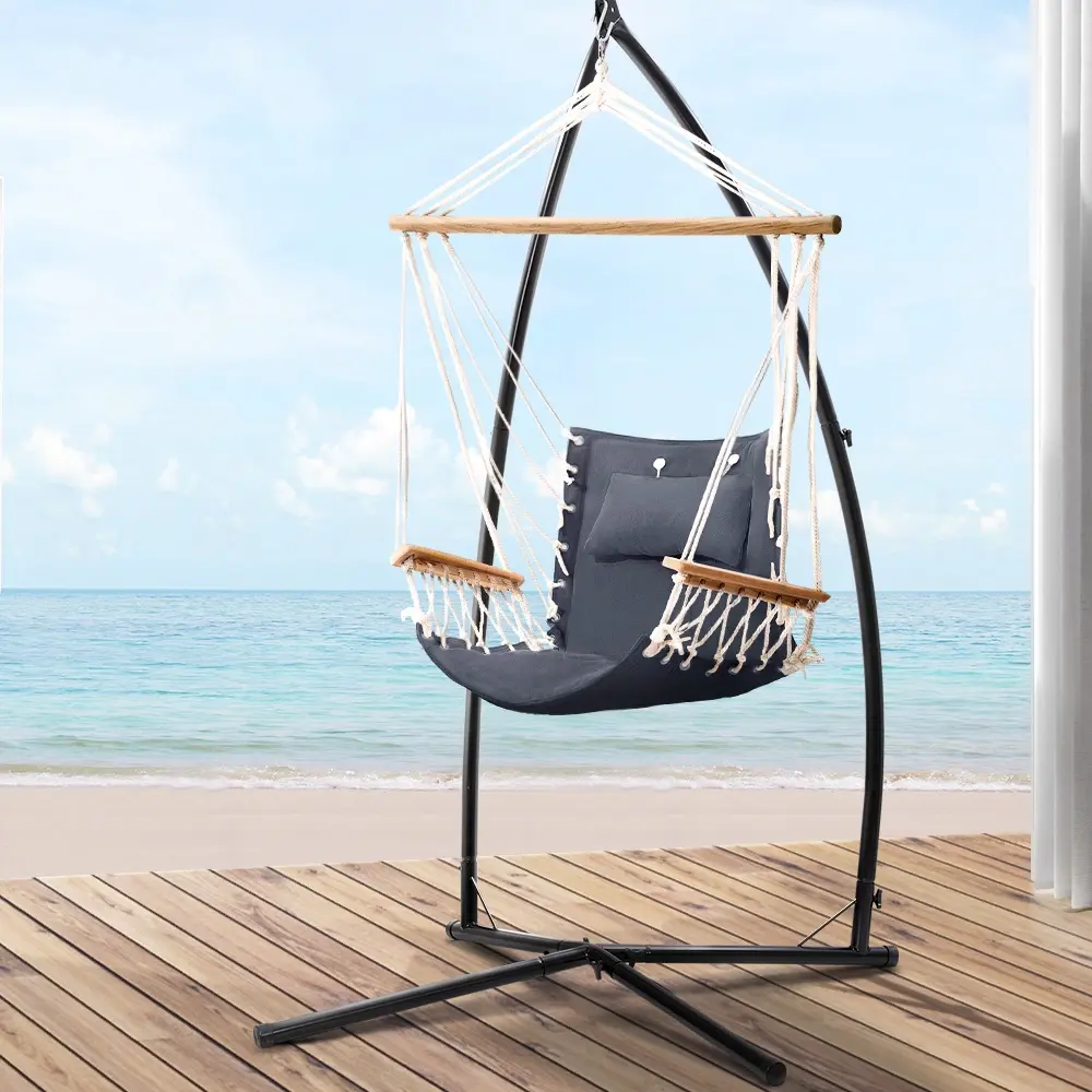 Gardeon Hammock Chair with Steel Stand Armrest Outdoor Hanging Grey - Furniture