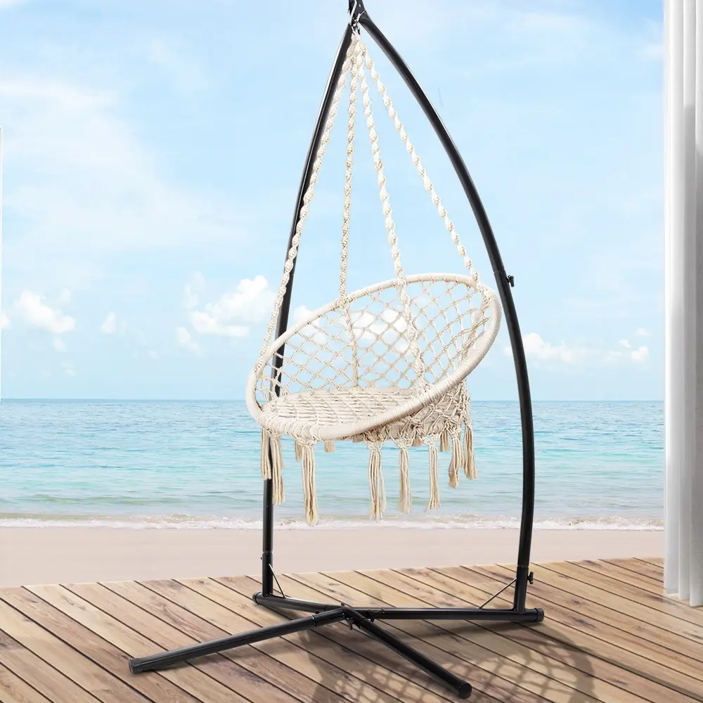 Gardeon Hammock Chair with Steel Stand Macrame Outdoor Swinging Cream - Furniture
