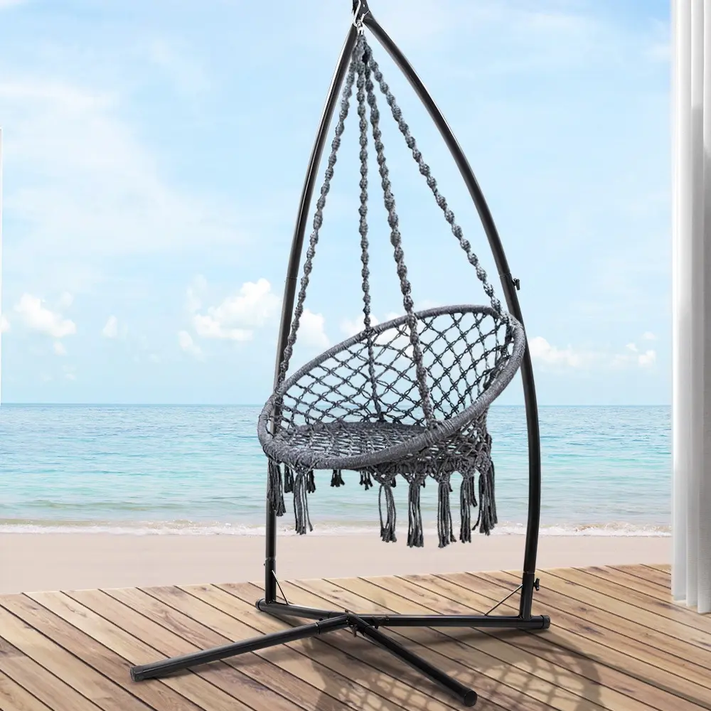 Gardeon Hammock Chair with Steel Stand Macrame Outdoor Swinging Grey - Furniture