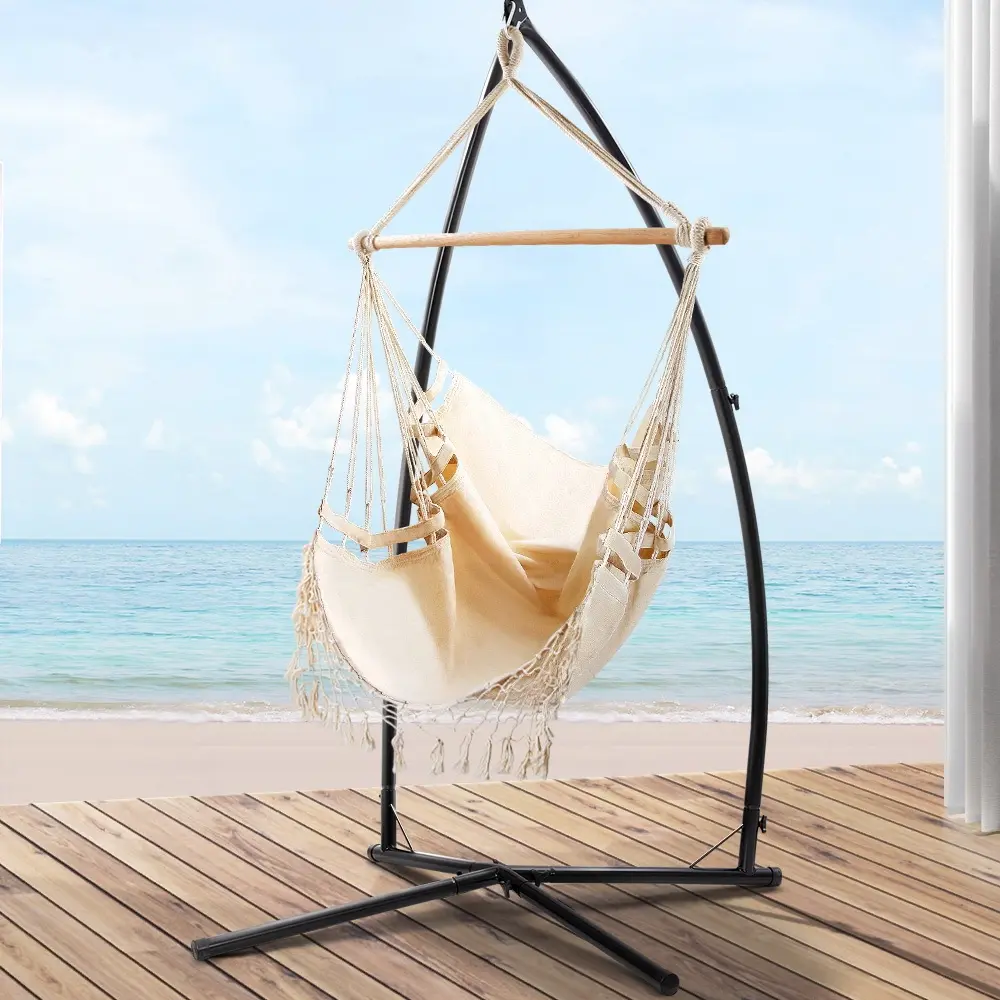 Gardeon Hammock Chair with Steel Stand Hanging Outdoor Tassel Cream - Furniture