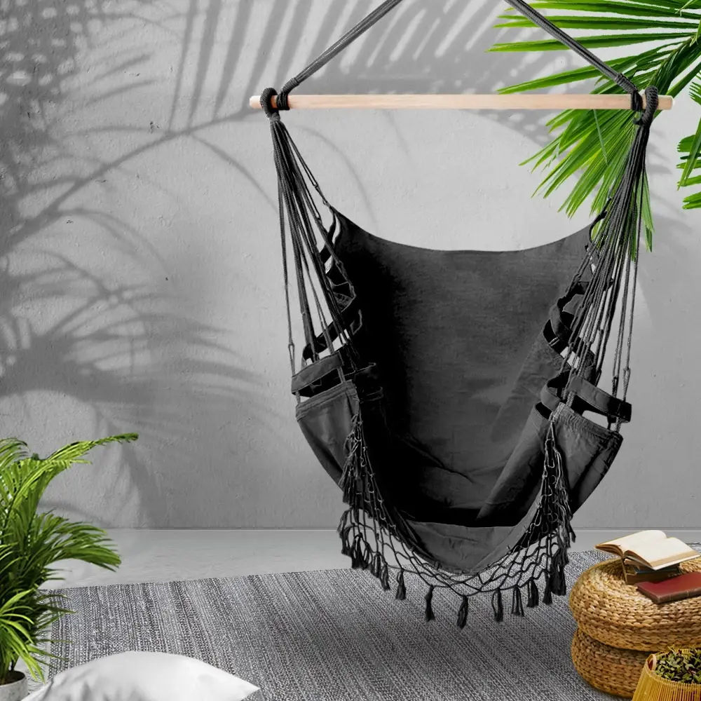 Gardeon Hanging Hammock Chair Outdoor Swing Hammocks Tassel Grey - Furniture