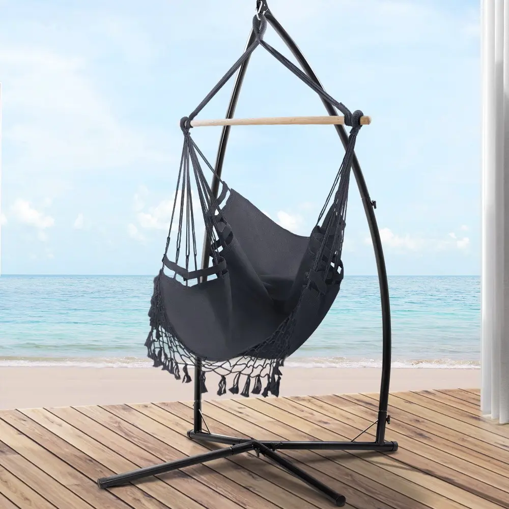 Gardeon Hammock Chair with Steel Stand Hanging Outdoor Tassel Grey - Furniture