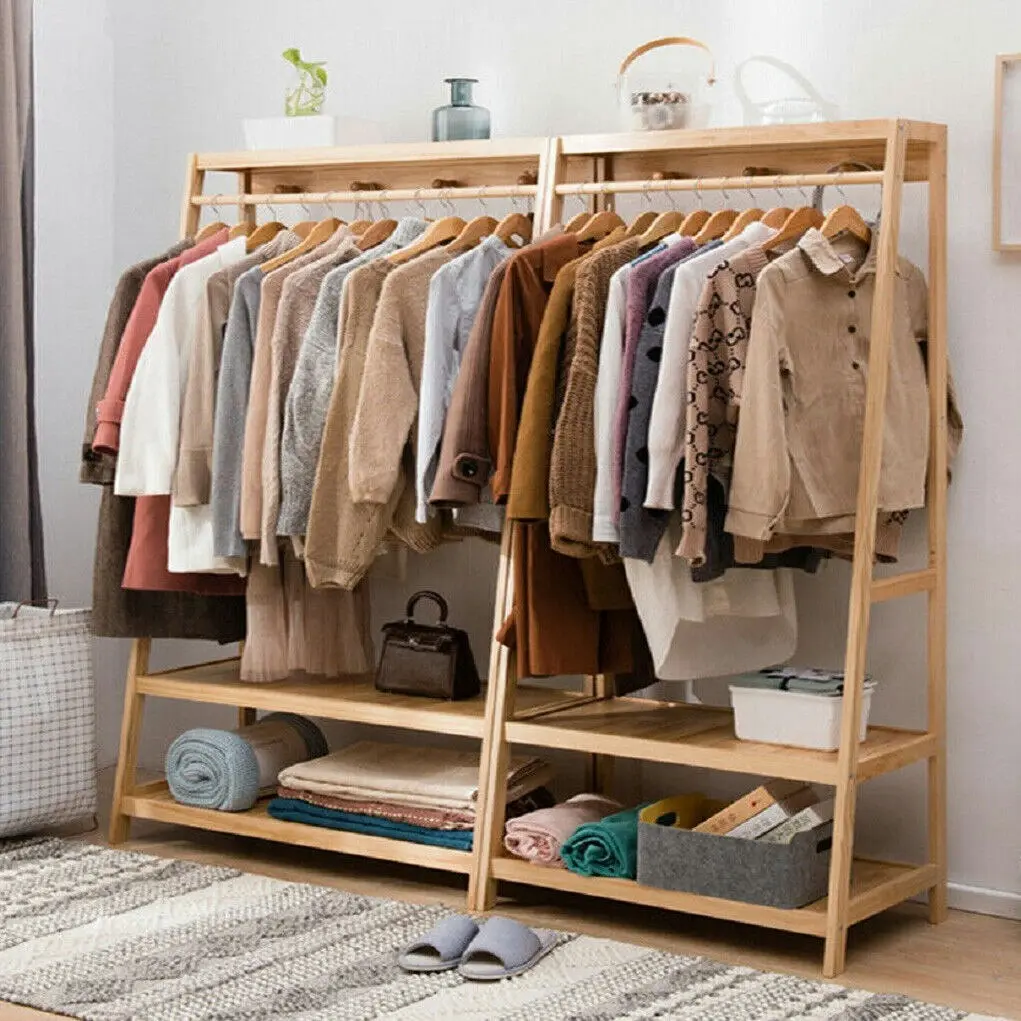 Fin Solid Wood Coat Rack Stand Clothes Hanging Rail Rack Shelf Closet Hooks Portable - Home & Garden