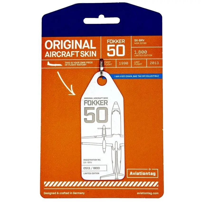 Boyle Aviationtag Fokker 50 SAS Keychain 14.5cm Tag Aircraft Skin Keyring White - Hobbies