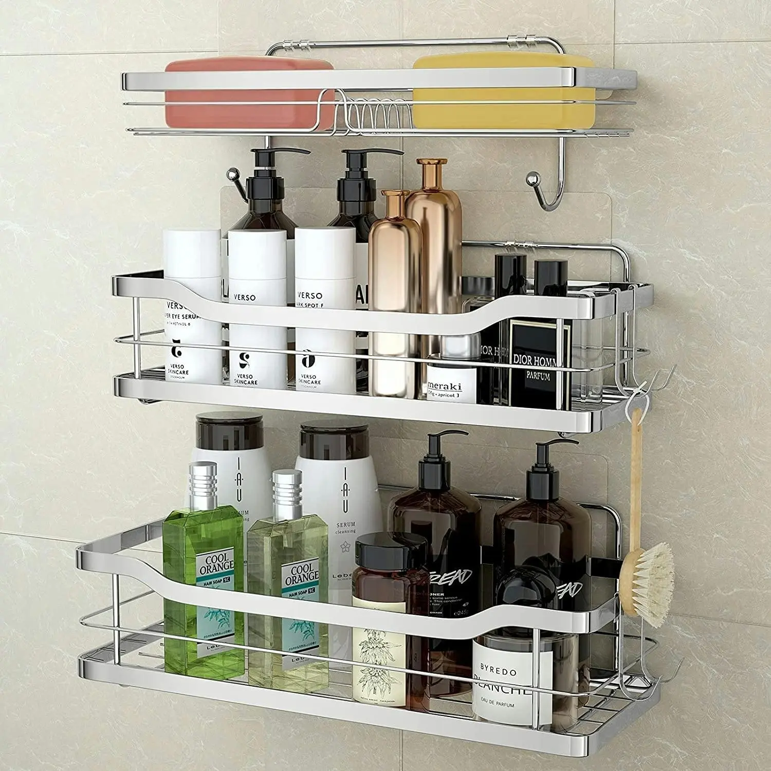 3 Pack shower caddy shelf, 4 hooks, stainless steel - Home & Garden