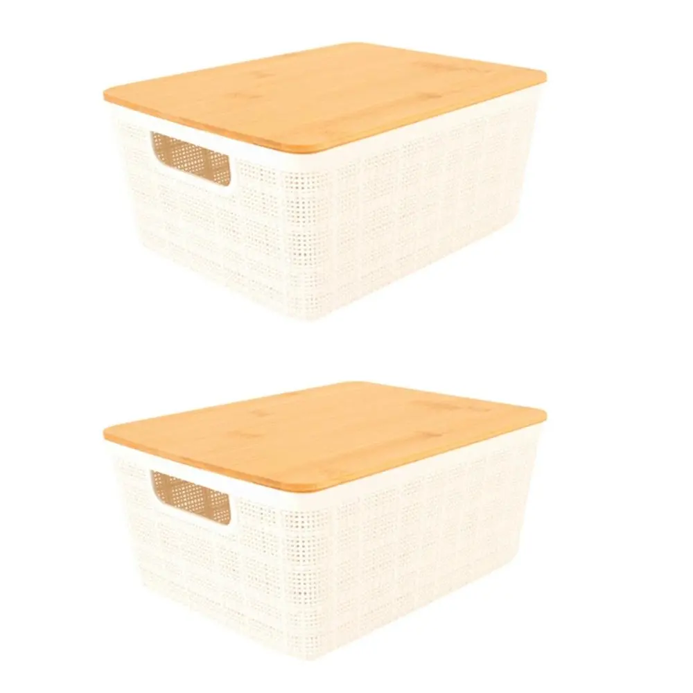 2x Home Expression 20cm Plastic Storage Basket w/Bamboo Lid Home Organiser White - Home & Garden