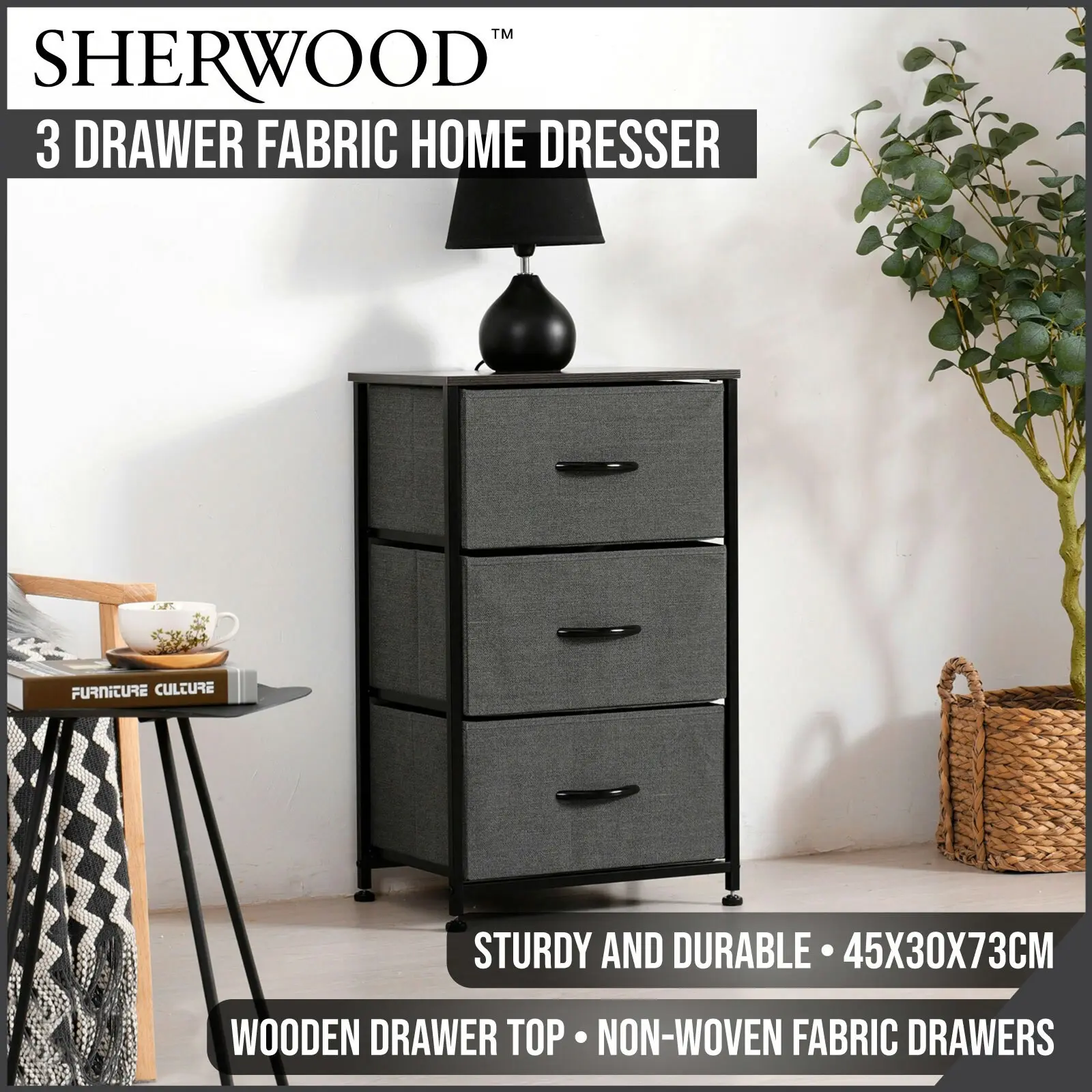 Sherwood Luna 3 Drawer Fabric Home Dresser Charcoal - Home & Garden