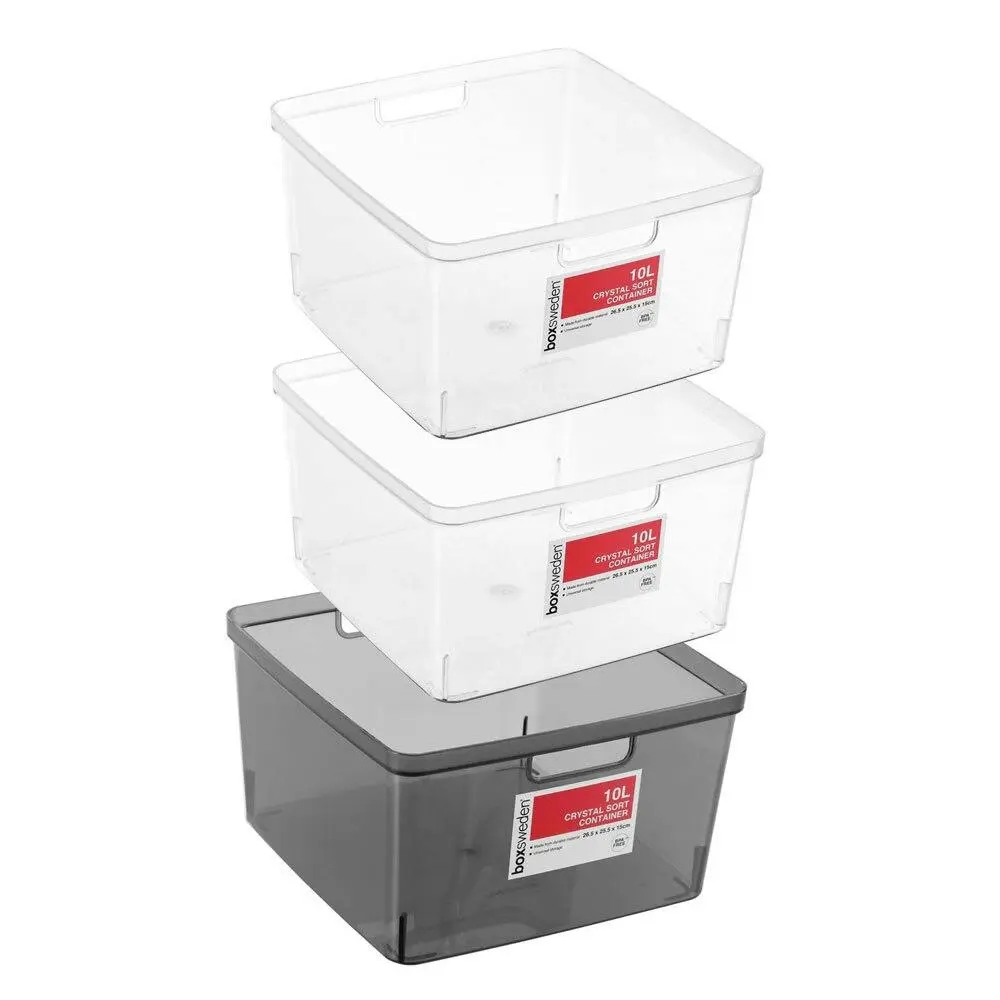 3x Boxsweden Crystal 10L Sort Container 26.5cm w/ Handle Storage Organiser Asst - Home & Garden