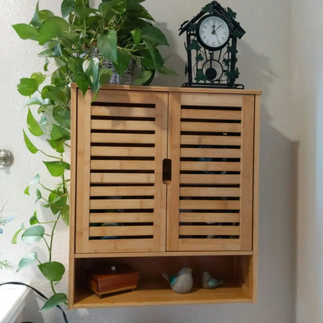 Fin Rustic Solid Bamboo Storage Cabinet Widen Shelves For Bathroom Over The Toilet - Home & Garden