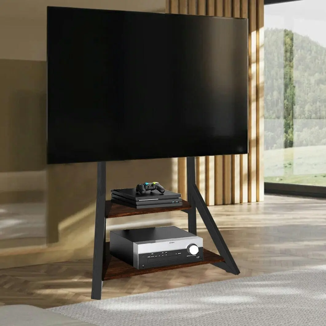 Fin 2 Tiers Rustic Wood Shelves Heavy Duty Universal Tv Floor Stand For 32-75 Inches